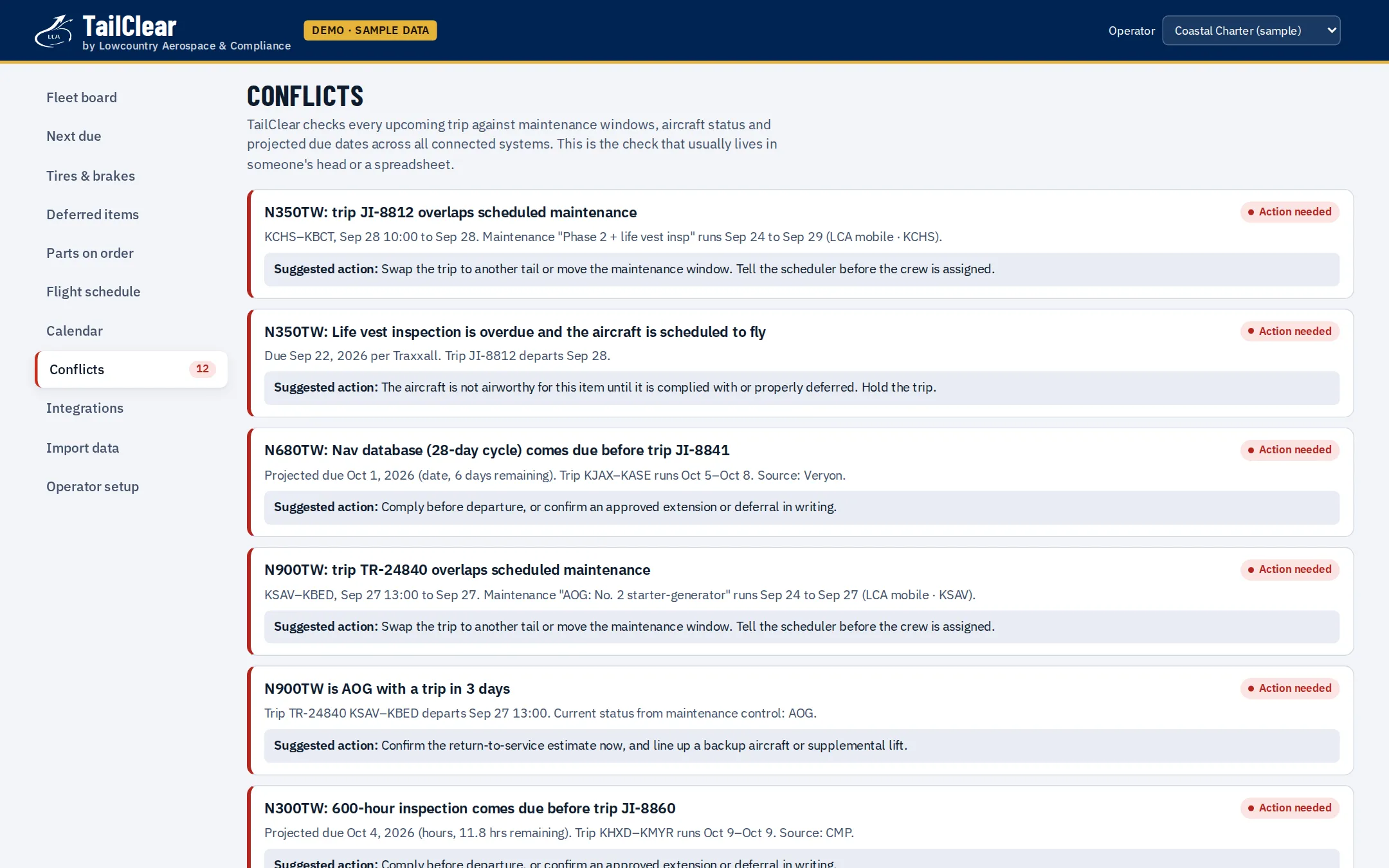 TailClear conflicts page listing trips that overlap maintenance, an expiring deferral and a late part, each with a suggested action